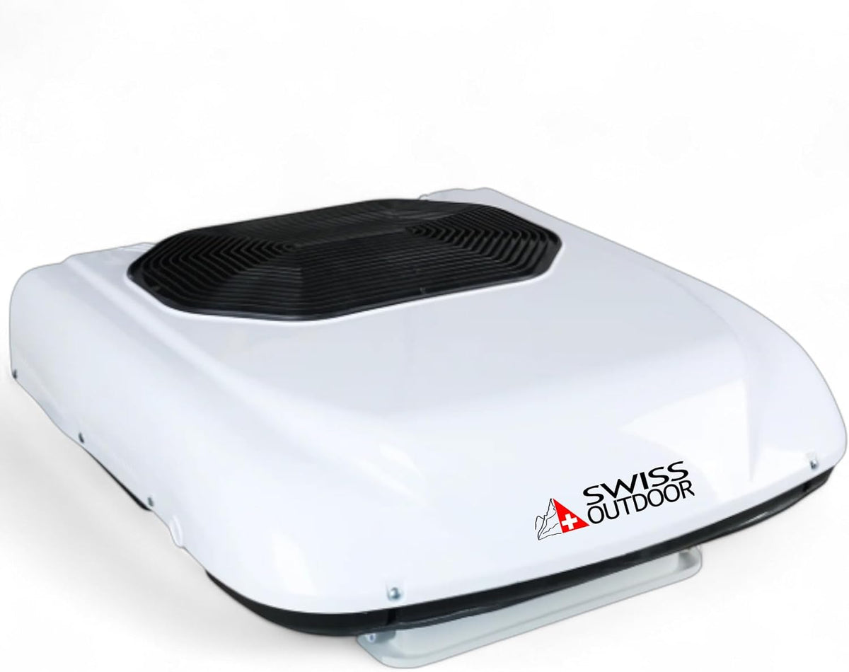 SWISS OUTDOOR Mobiles Klimagerät, 2.200 W, 12 V, Weiß/Schwarz, Dachklimaanlage 9.600 BTU , Ultra-Leise