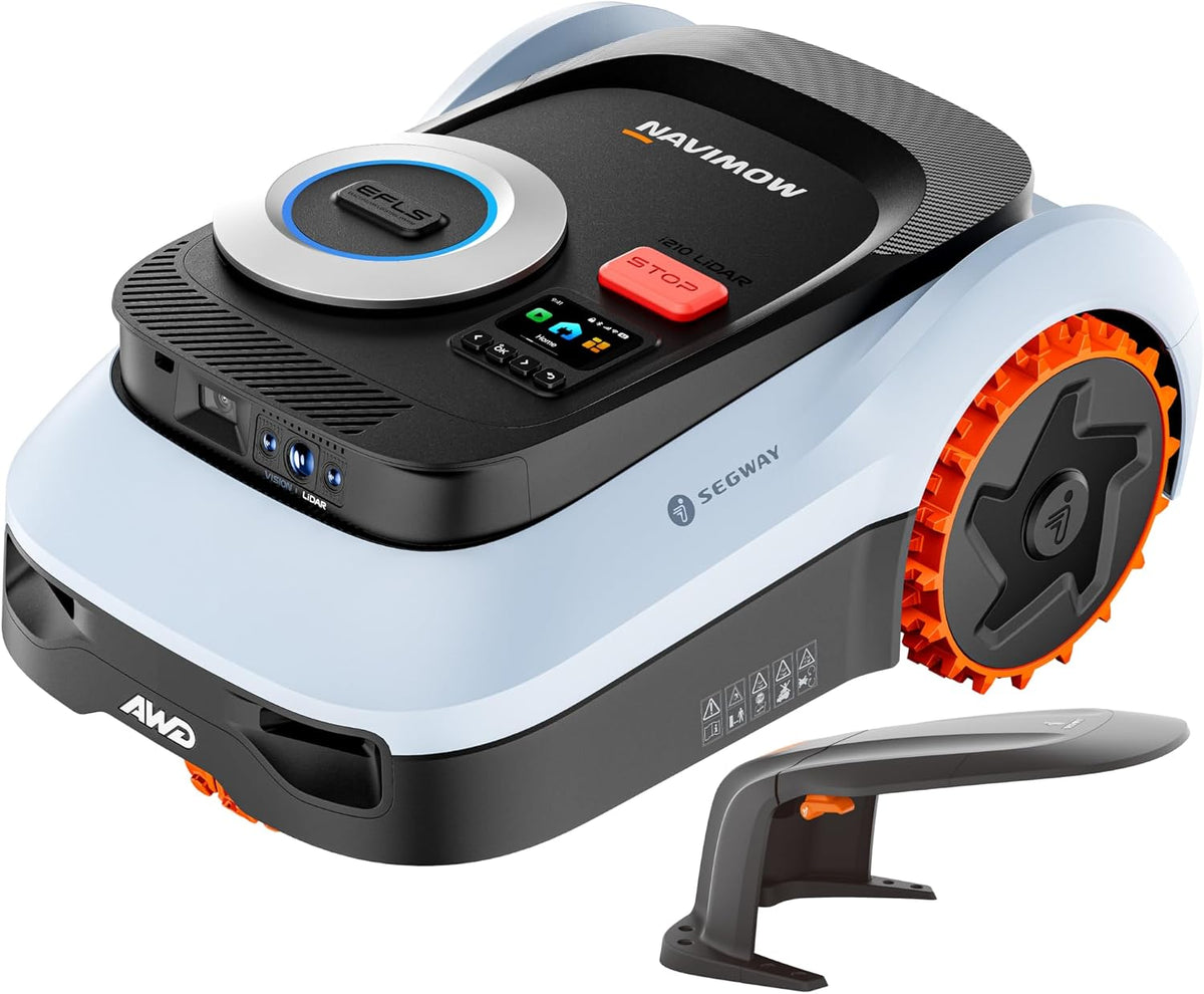 NAVIMOW Mähroboter, 1000 m, Schwarz/Weiß/Orange, Segway i210 LiDAR Pro mit Garage M für ², LiDAR+Vision+NRTK Tri-Fusion-Positionierung
