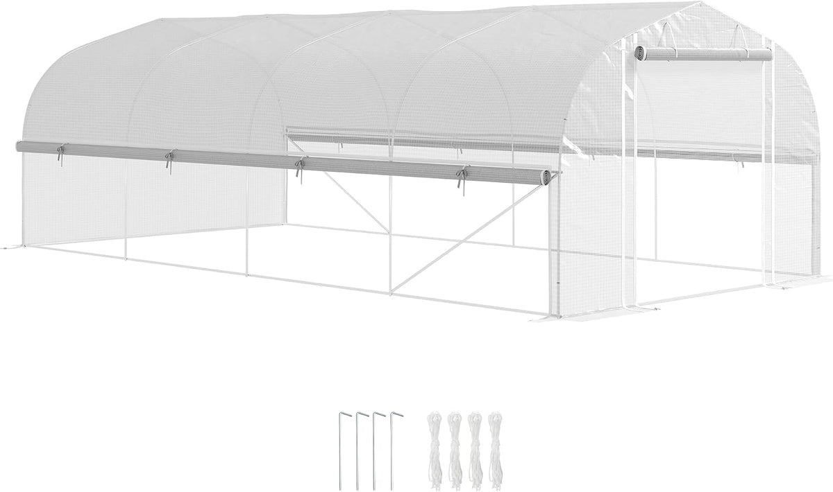 Outsunny Gewächshaus, 2 m, Weiß, 6 x 3 x Folien mit 8 Fenster & Tür, Aufrollbar Seitenwänden, UV-beständiger Folientunnel Tomatenhaus mit verzinkten