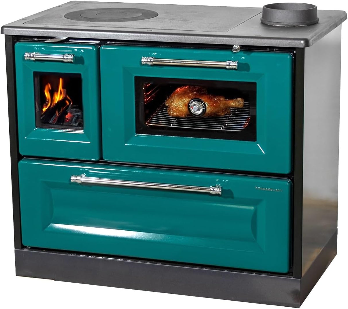 Hosseven Kaminofen, 8 kW, Grün/Schwarz, mit Backfach und Herdplatte 4012 Grün Holzofen Holz Ofen