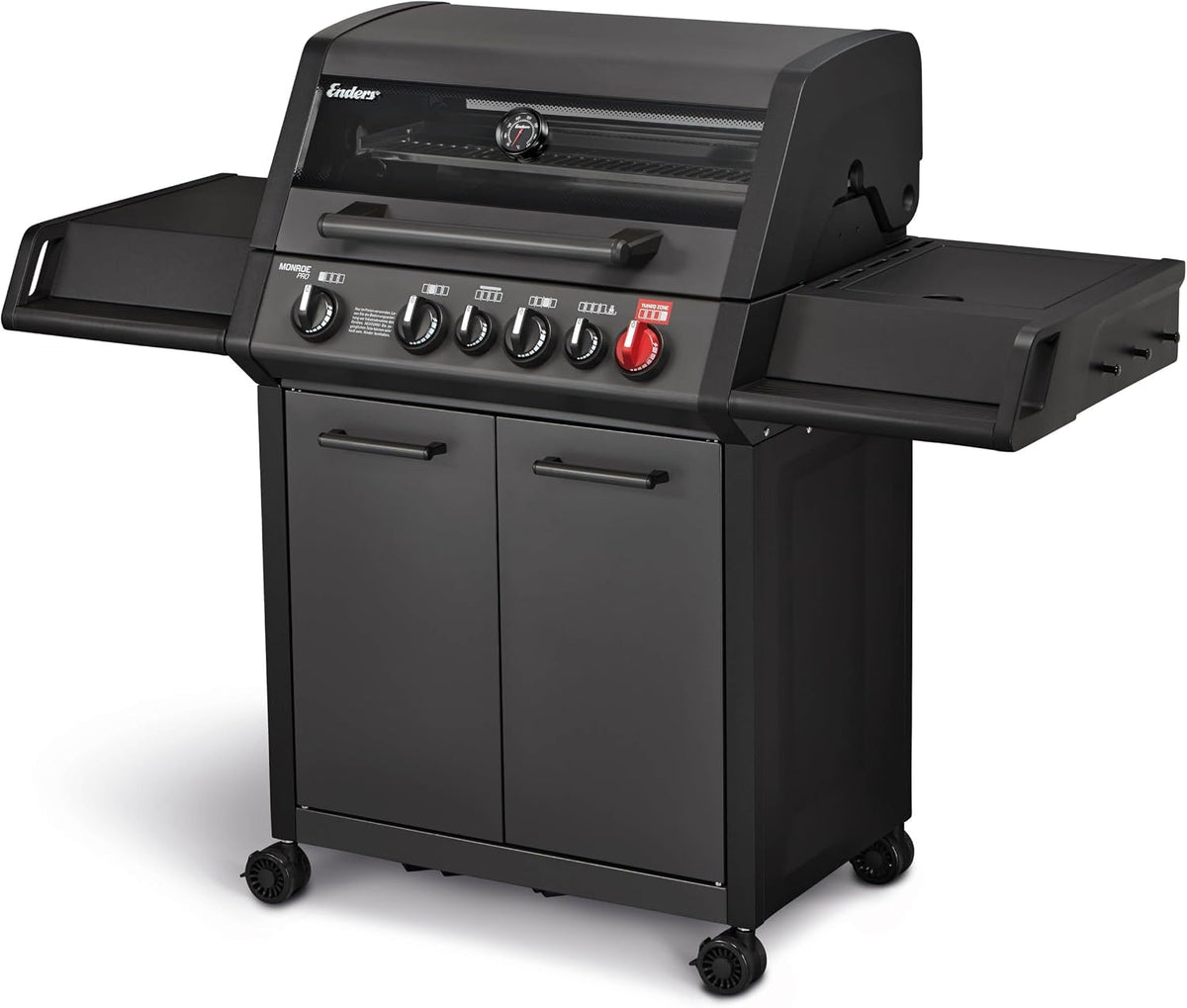 Enders Gasgrill, Schwarz, ® MONROE PRO 4 SIK TURBO SHADOW, 4-Brenner, Infrarot-Backburner, Seitenkocher, PanoVision Sicht