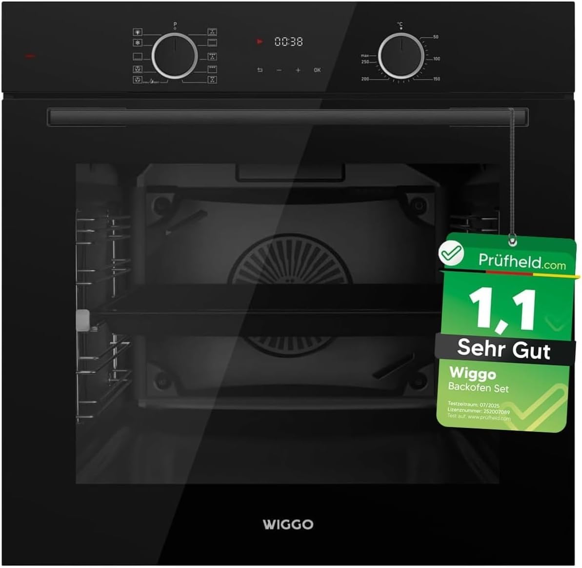 Wiggo Backofen, 60 cm, 73 L, Schwarz, [ Test SEHR GUT, Note 1.1 *] Set mit Teleskopschienen & Airfry, Selbstreinigung