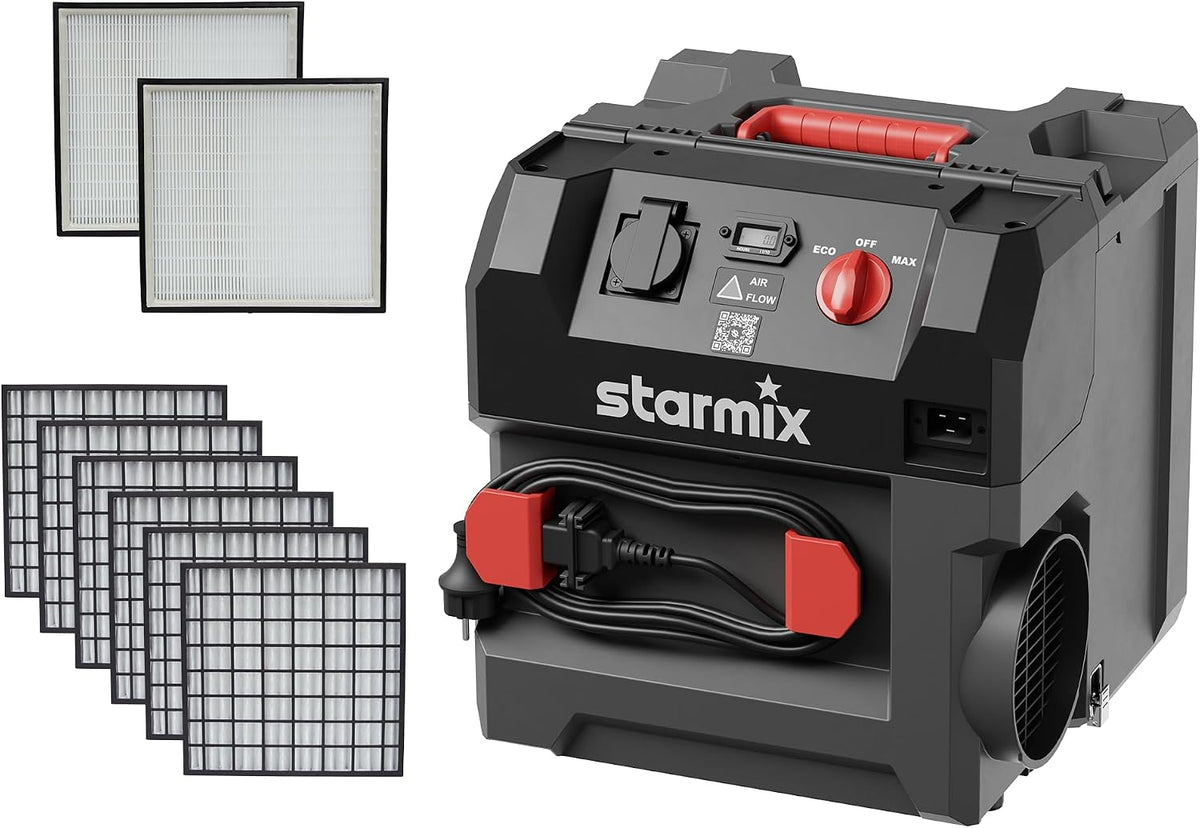 Starmix Dunstabzugshaube, 750 m, 13m, Schwarz/Rot, Aeroxx 750 - Luftreiniger für die Baustelle &, HEPA H13 Filter