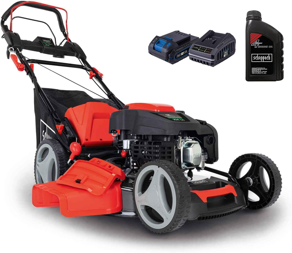 Scheppach Rasenmäher, 65 Liter, 53 cm, rot/schwarz, Benzin MS225-53E mit E-Start & Radantrieb, Schnittbreite, 7-fache Schnitthöhenverstellung