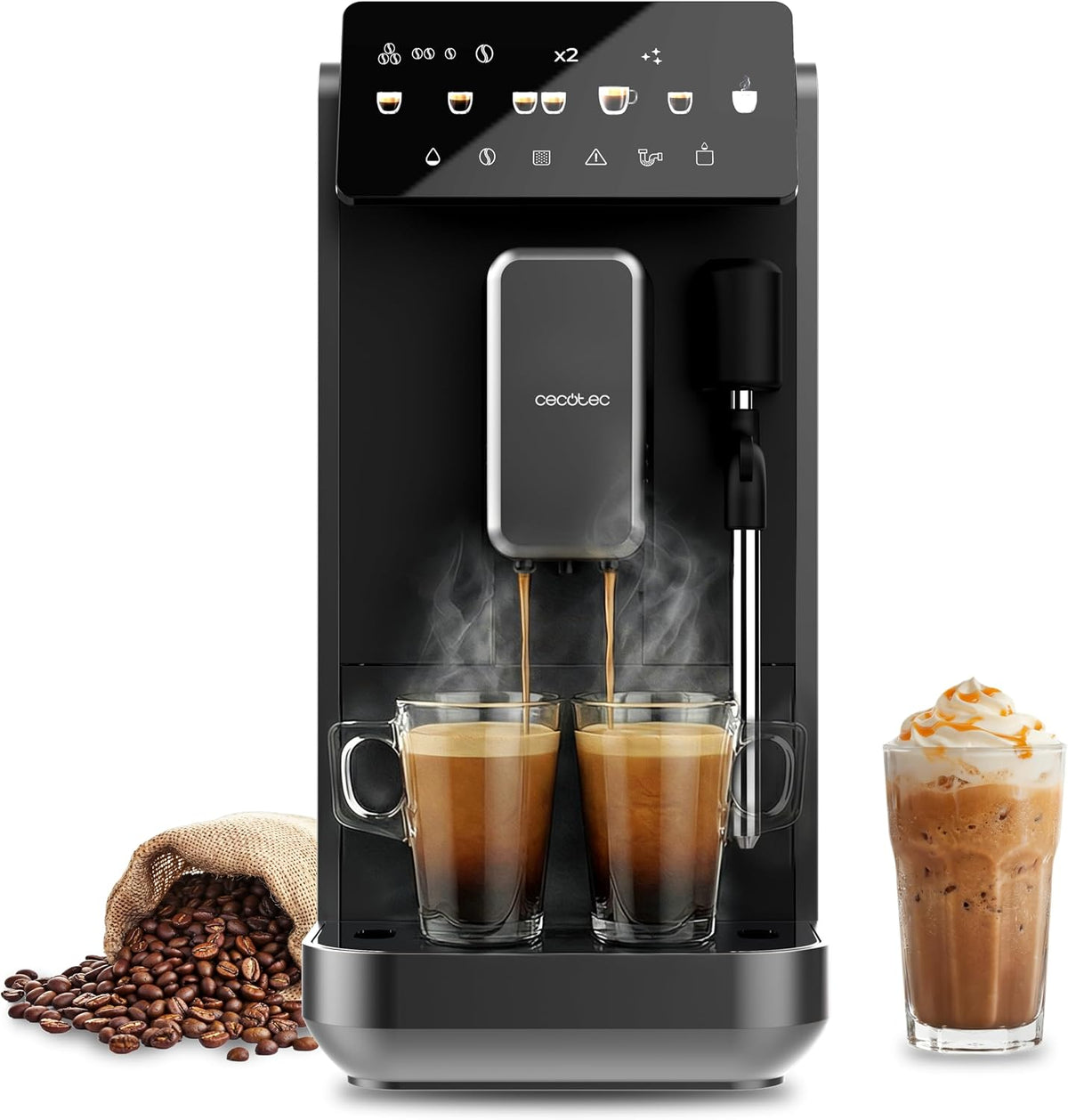 Cecotec Kaffeevollautomat, 19 Bar, 2 L, Schwarz, Cremmaet Lungo Steam., Thermoblock, 5 Getränke, Dampfdüse, 5 Mahlgrade