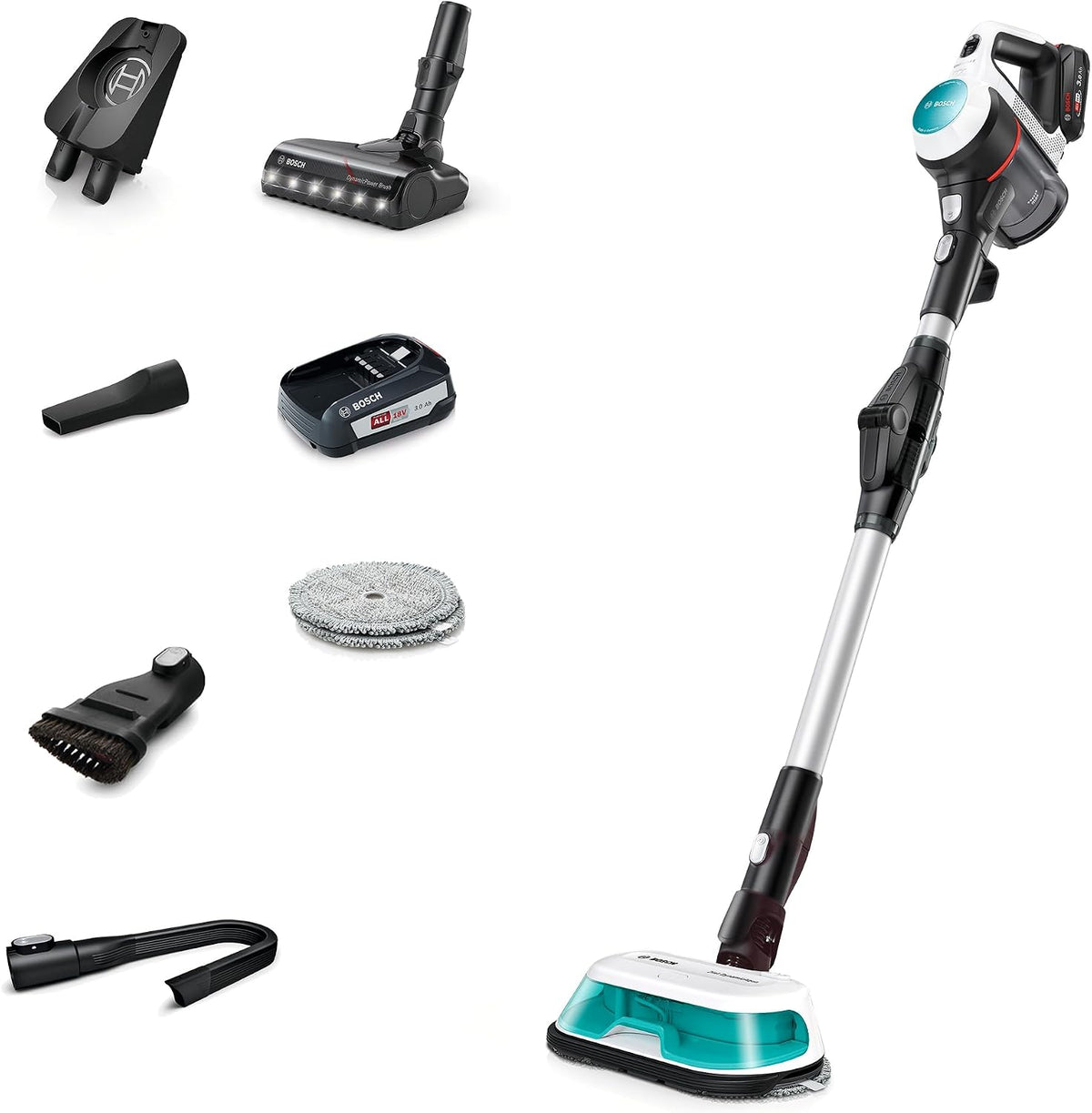 Bosch Sofa, 18 V, Schwarz/Weiß/Türkis, Unlimited 7 Aqua Vacuum & Mop, AllFloor DynamicPower Brush, Flex Tube Design