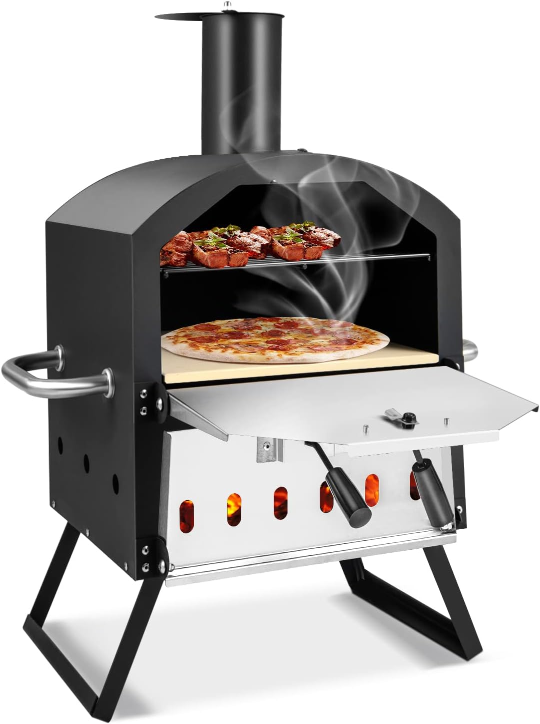 FANTASK Pizzaofen, Schwarz, 2-lagigem mit Grillrost, Outdoor Pizza Ofen, Pizzastein & klappbaren Beinen, Pizzaschaufel