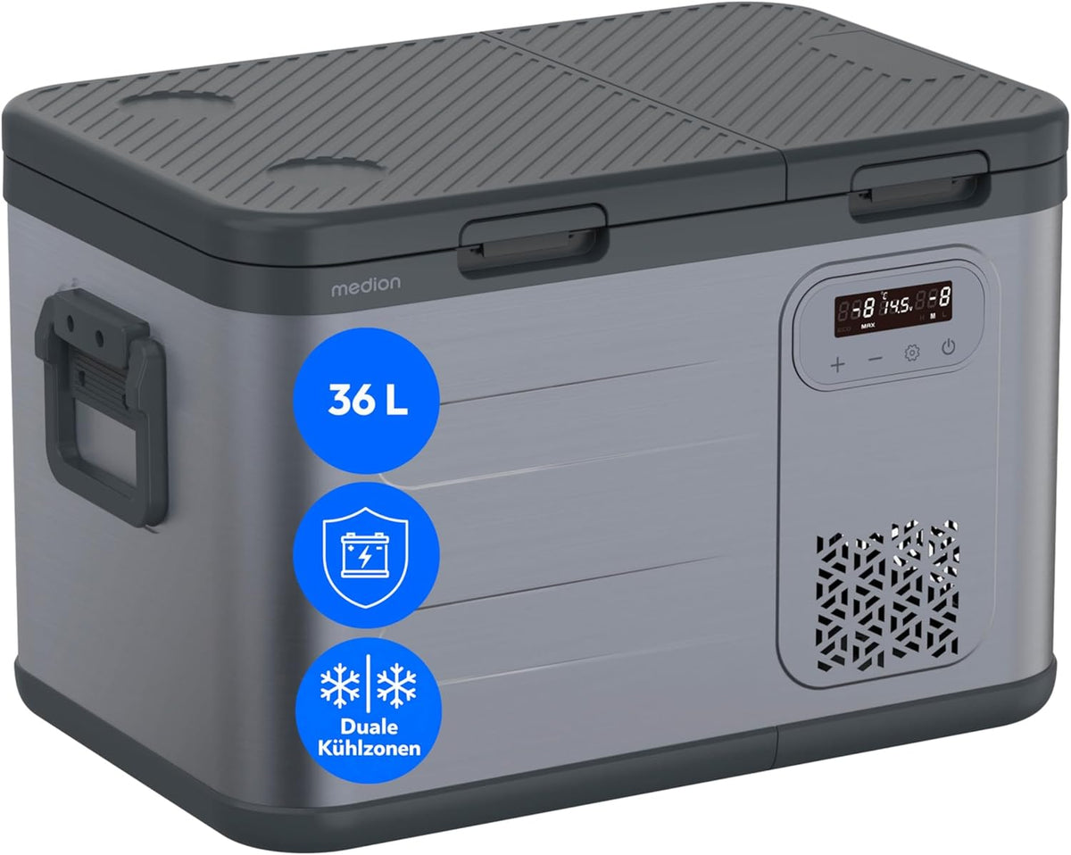 MEDION Kompressor, 230 V, 36 L, 12 V, 24 V, Grau/Schwarz, mobile elektrische Kühlbox ( Kapazität, Duale Kühlzonen, KFZ Adapter