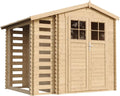 Gerätehaus TIMBELA, Beige, M386F Holzhaus Gartenhaus mit Brennholzschuppen, 53 + 0, 97 m2 Lagerschuppen für Garten - Wasserfestes Dach