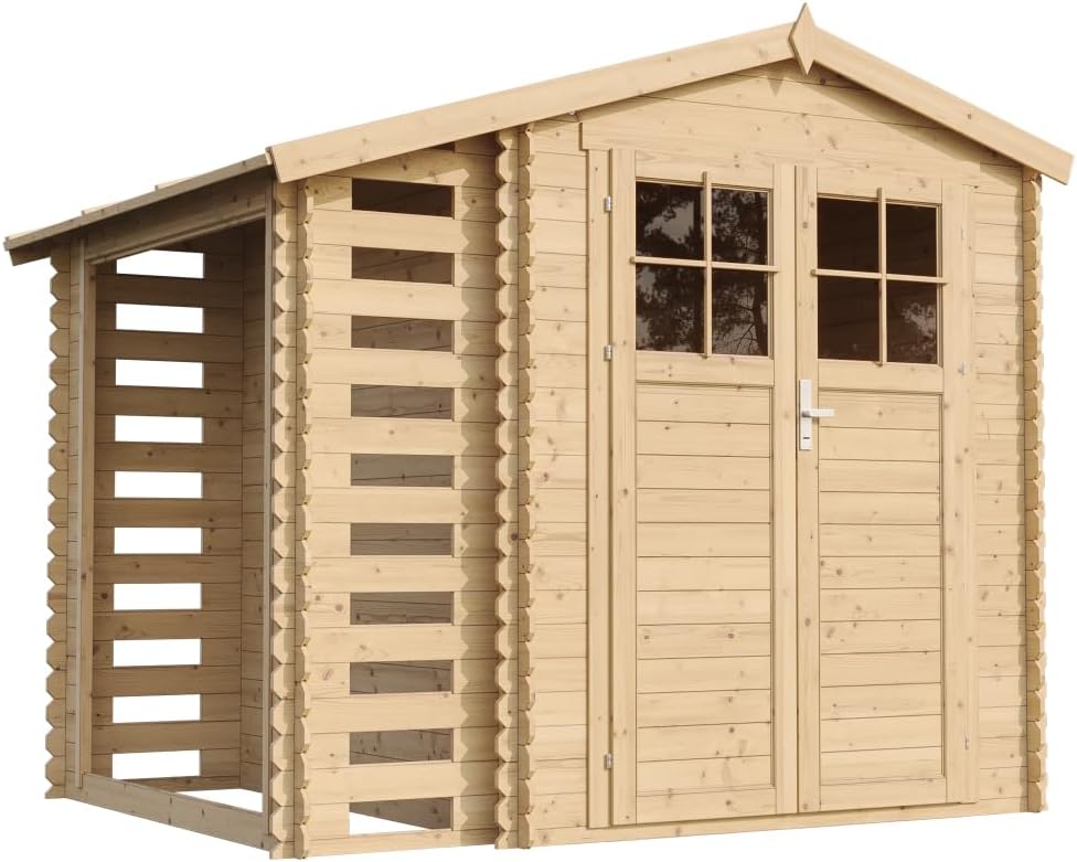 Gerätehaus TIMBELA, Beige, M386F Holzhaus Gartenhaus mit Brennholzschuppen, 53 + 0, 97 m2 Lagerschuppen für Garten - Wasserfestes Dach