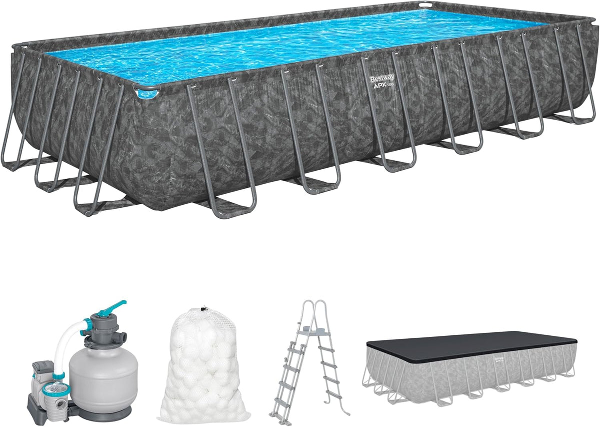 Bestway Stahlrahmenpool, 52 Zoll, 7,32 m, 3,66 m, 1,32 m, Grau/Blau, Pool-Set, rechteckig, 24 ft x 12 ft x oder x x