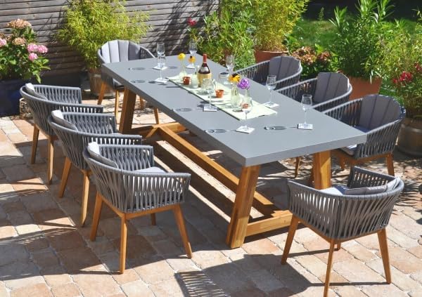 bomey Gartenmöbel-Set, 220 x 100 cm, Grau/Holzfarben, 6 Stühle mit Tisch Veltis XL aus Akazienholz - Gartenstühle