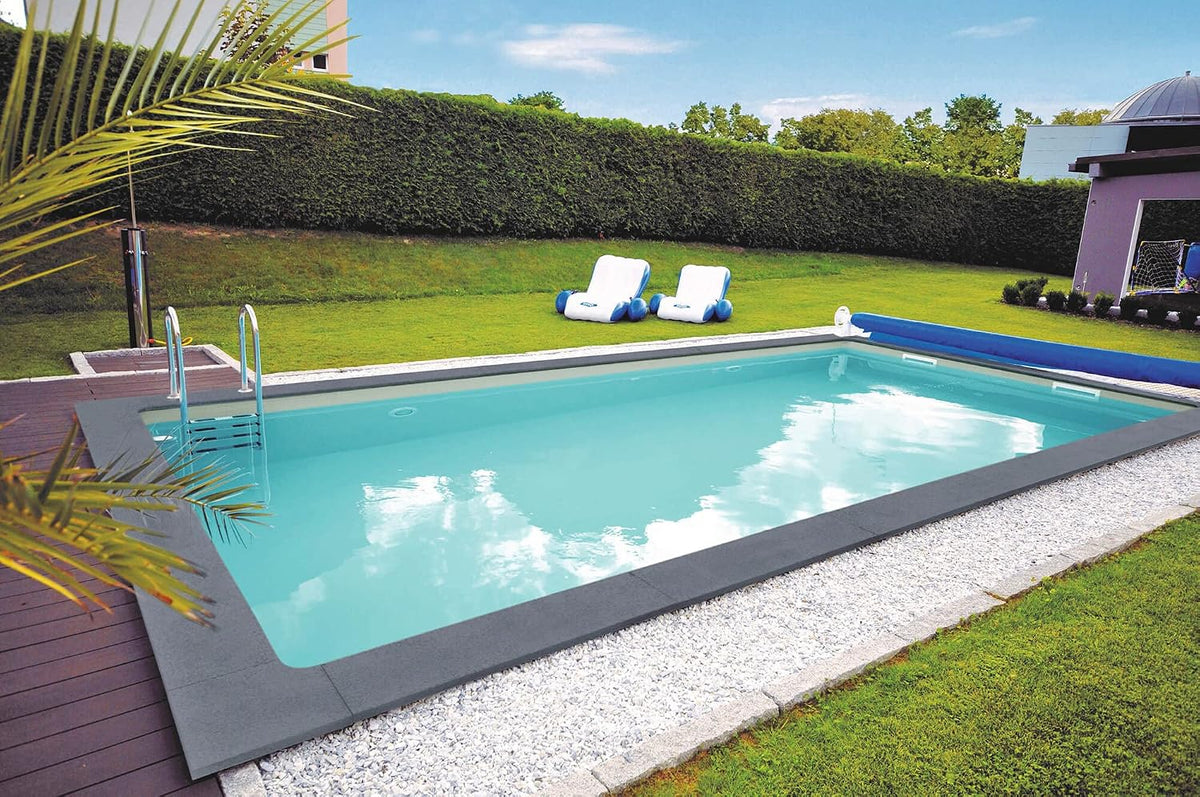 KWAD Eingelassene Schwimmbecken, 600 x 300 x 150 cm, Grau/Blau, Styropor Pool Gran Canaria mit Edelstahlleiter Sand