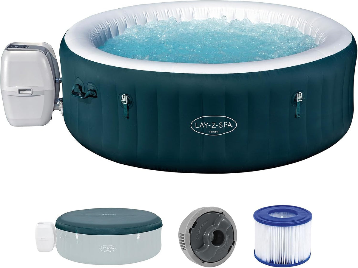 Bestway Badewannen mit Sprudelfunktion, 196 x 66 cm, Dunkelgrün/Weiß, ® Lay-Z-SPA® Energiespar-Whirlpool Miami AirJet™ für 6
