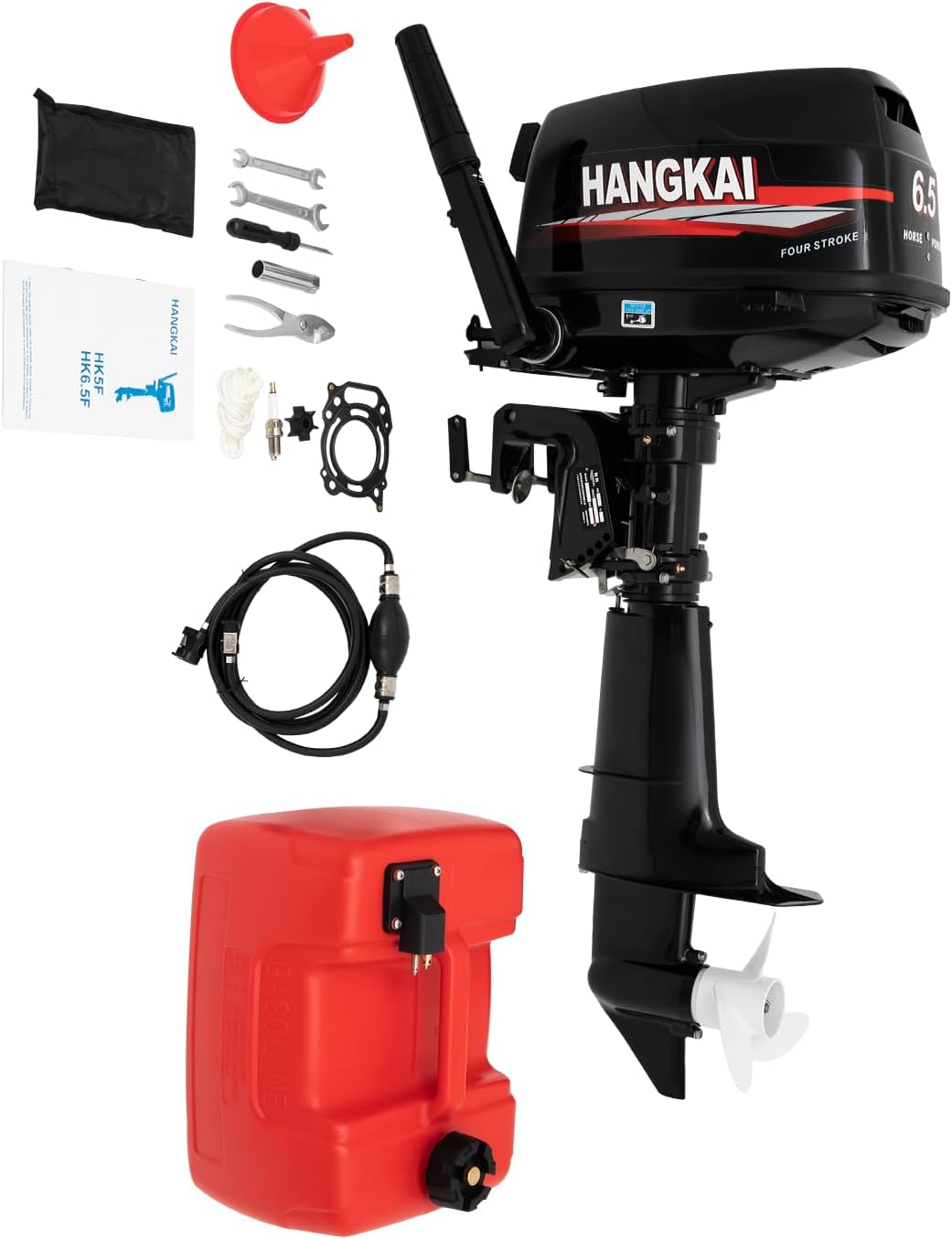 CHERIKIU Außenborder, Schwarz/Rot/Weiß, 4 Takt Außenbordmotor Benzinmotor, 123ccm 6.5ps Heavy Duty Boot Motor Außenbordmotor Kurzer