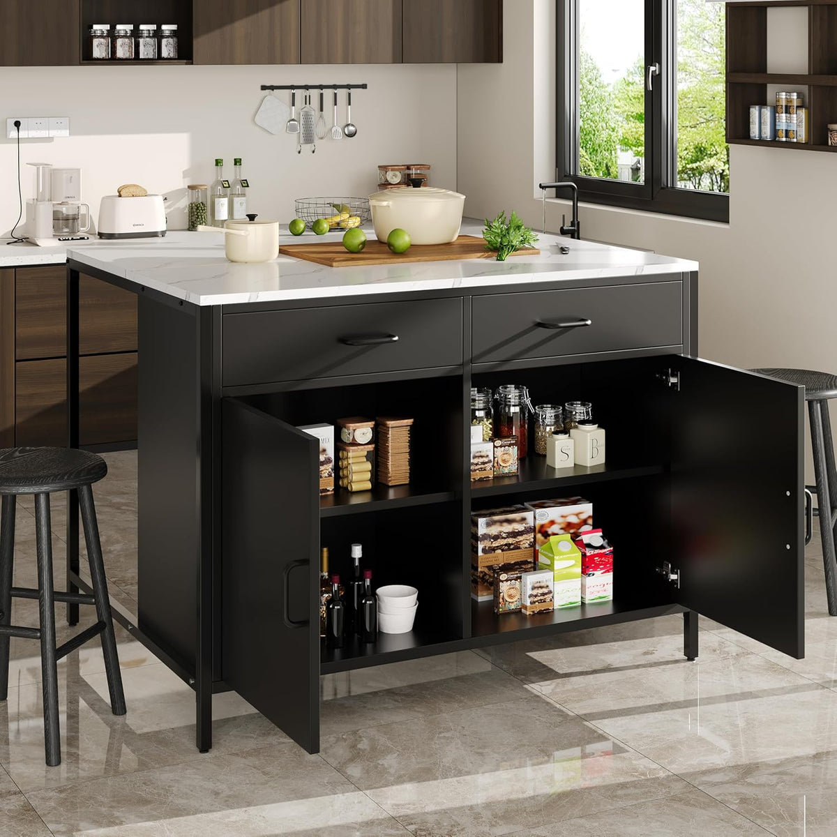 Huayz Unbewegliche Kücheninseln, 100 x 90 x 90 cm, MDF, Schwarz/Weiß, Küchenschrank mit 2 Schubladen, Frühstückstisch