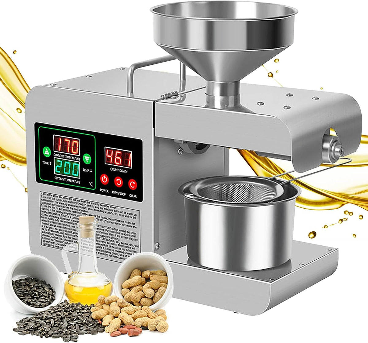 KMQRDZi Zitruspressen, 0.82(kw), 6 kg, Silber, Intelligente Ölpresse für den Hausgebrauch, kleine Ölpresse aus rostfreiem Stahl，Geeignet für die