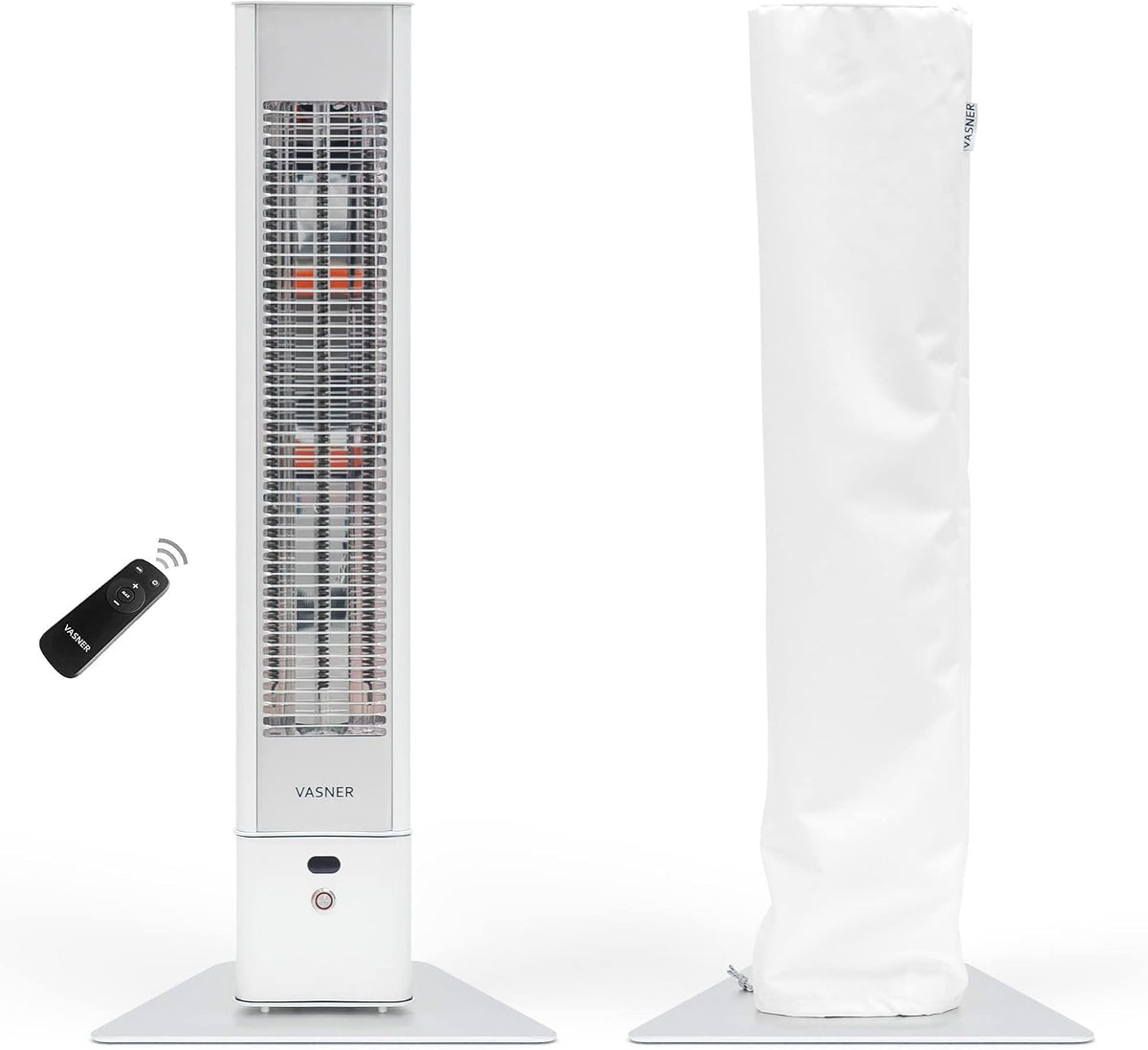 VASNER Heizstrahler, Weiß, HeatTower + AirCape, Infrarot Stand 2500 Watt mit Abdeckhaube, Terrasse, 4 Heizstufen