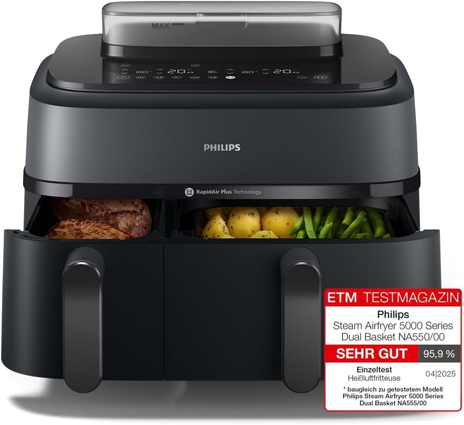 Philips Heissluftfritteuse, 9 L, 3 L, 6 L, Schwarz, Steam Airfryer 5000 Series Dual Basket Heißluftfritteuse, Steam