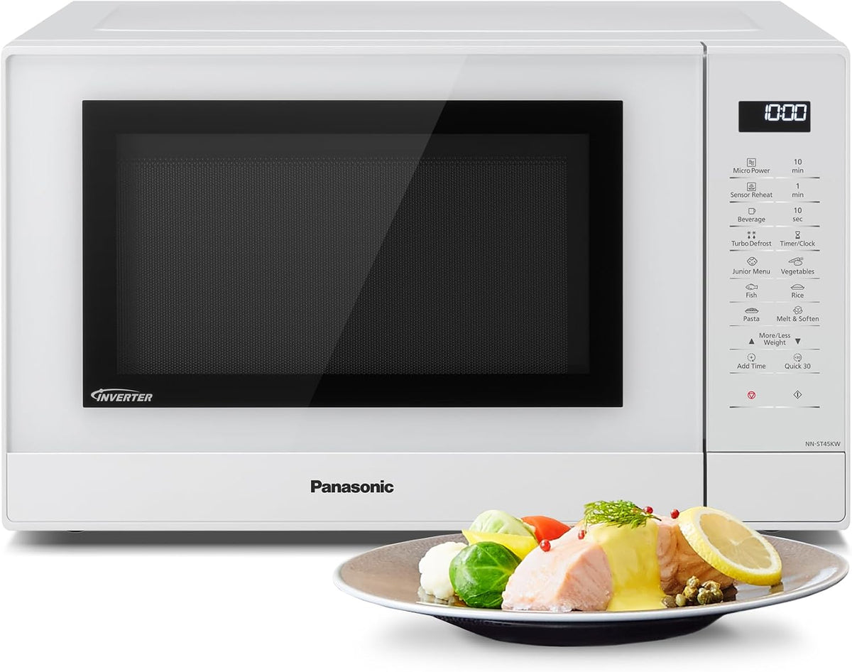 Panasonic Mikrowelle, 32 Liter, 1000 W, Weiß, NN-ST45KWEPG Inverter- nherd mit Drehteller, Edelstahl, 21 automatische Programme
