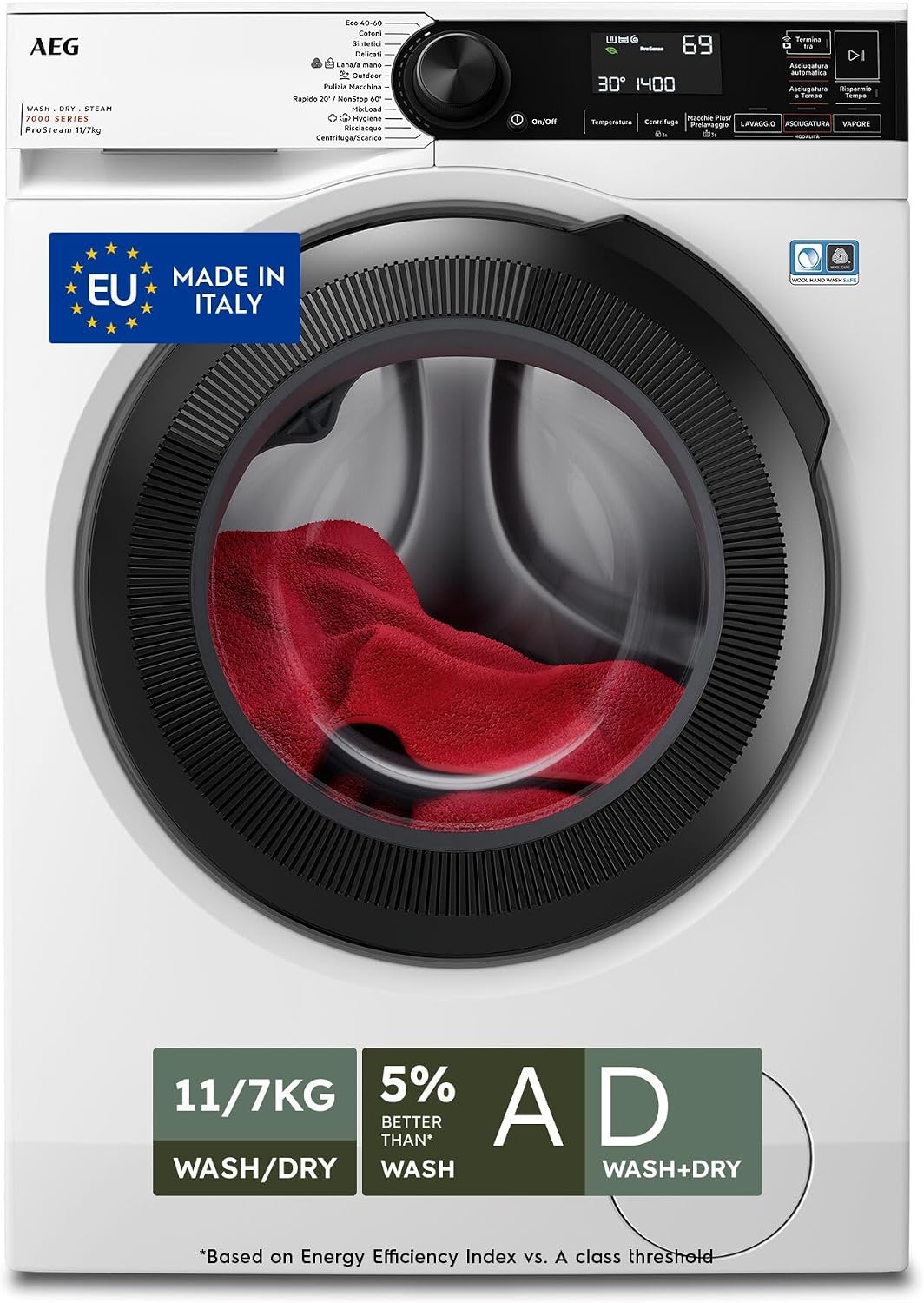 AEG L7WBA60680 Waschtrockner, 73 dB, 7 kg, Weiß/Schwarz, freistehend LWR7D1174B, Serie 7000 ProSteam, 11 +, Dampfreiniger