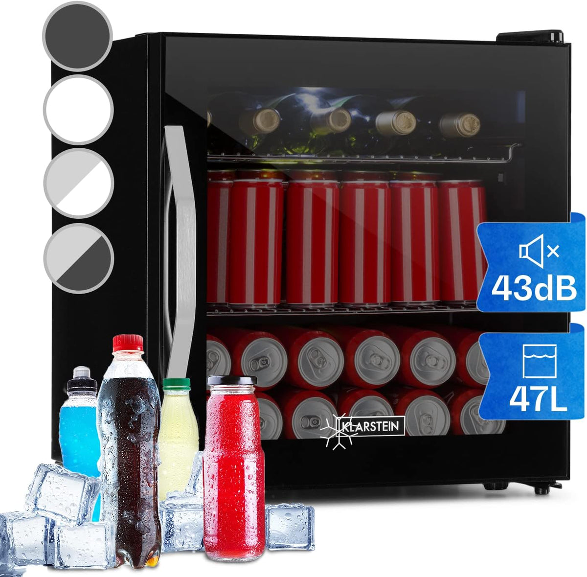 Klarstein Mini-Kühlschrank, 47 Liter, Schwarz, Mini Kühlschrank mit Glastür, für Zimmer, Getränkekühlschrank Verstellbaren Ablagen