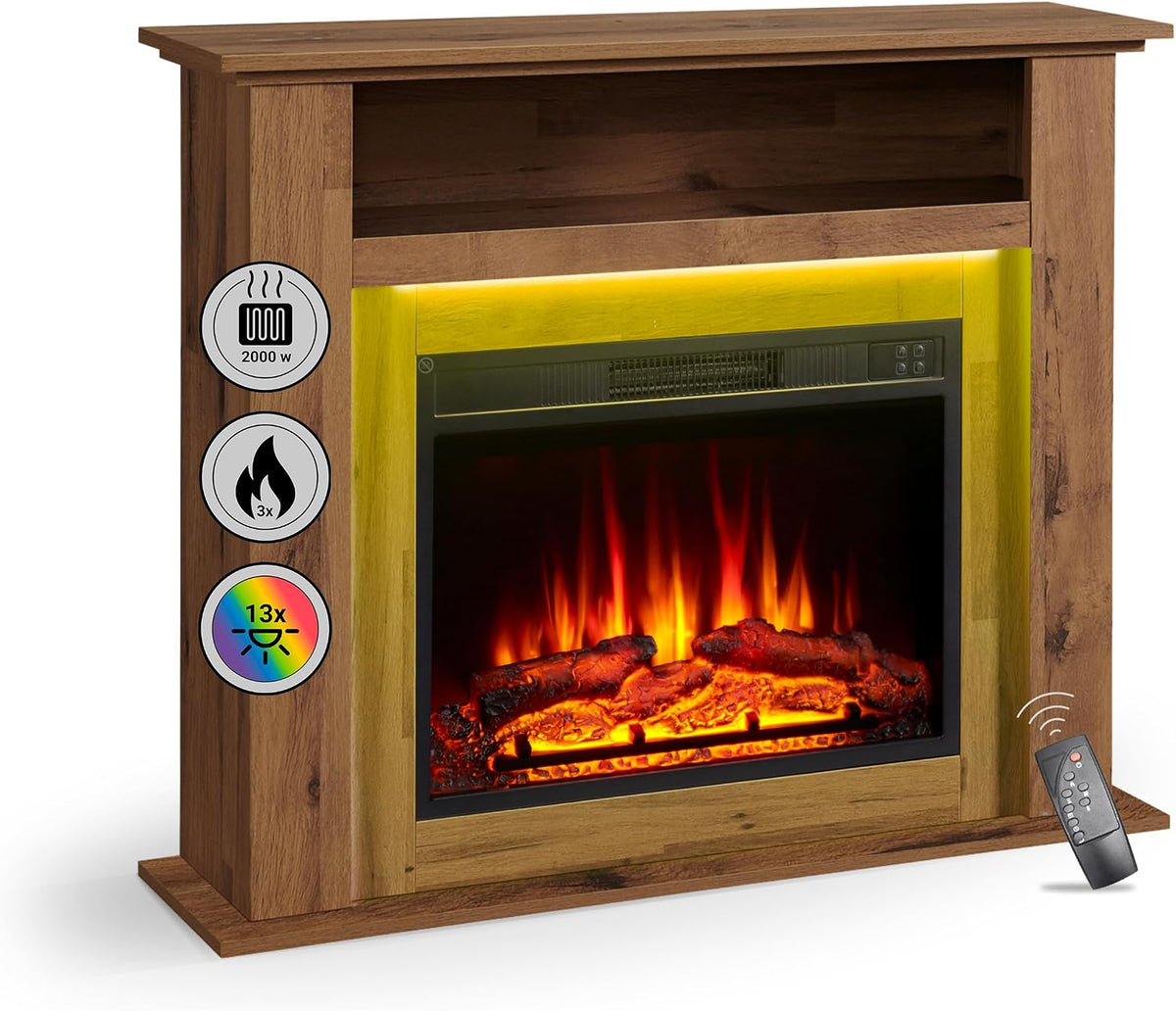 BALDERIA Elektrokamin, 2000 W, Dunkle Eiche, Liora - Elektrischer Standkamin mit Ablagefach, 3D-Flammeneffekt, LED-Ambientebeleuchtung