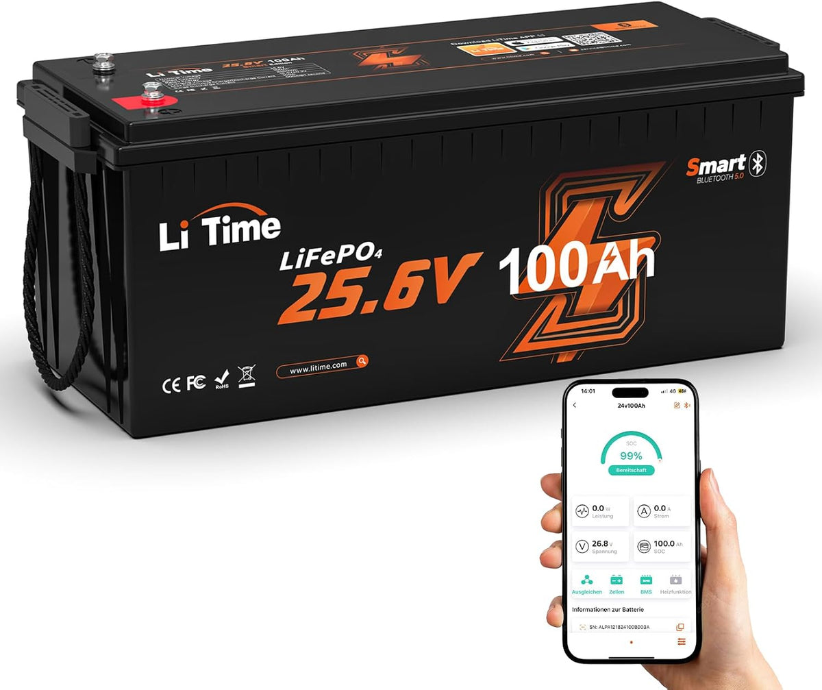 Litime Monitor, 2560 Wh, 100 Ah, 24 V, Schwarz/Orange, LiFePO4 Lithium Batterie mit Bluetooth-Funktion und, 4000+ Zyklen mit 100A BMS