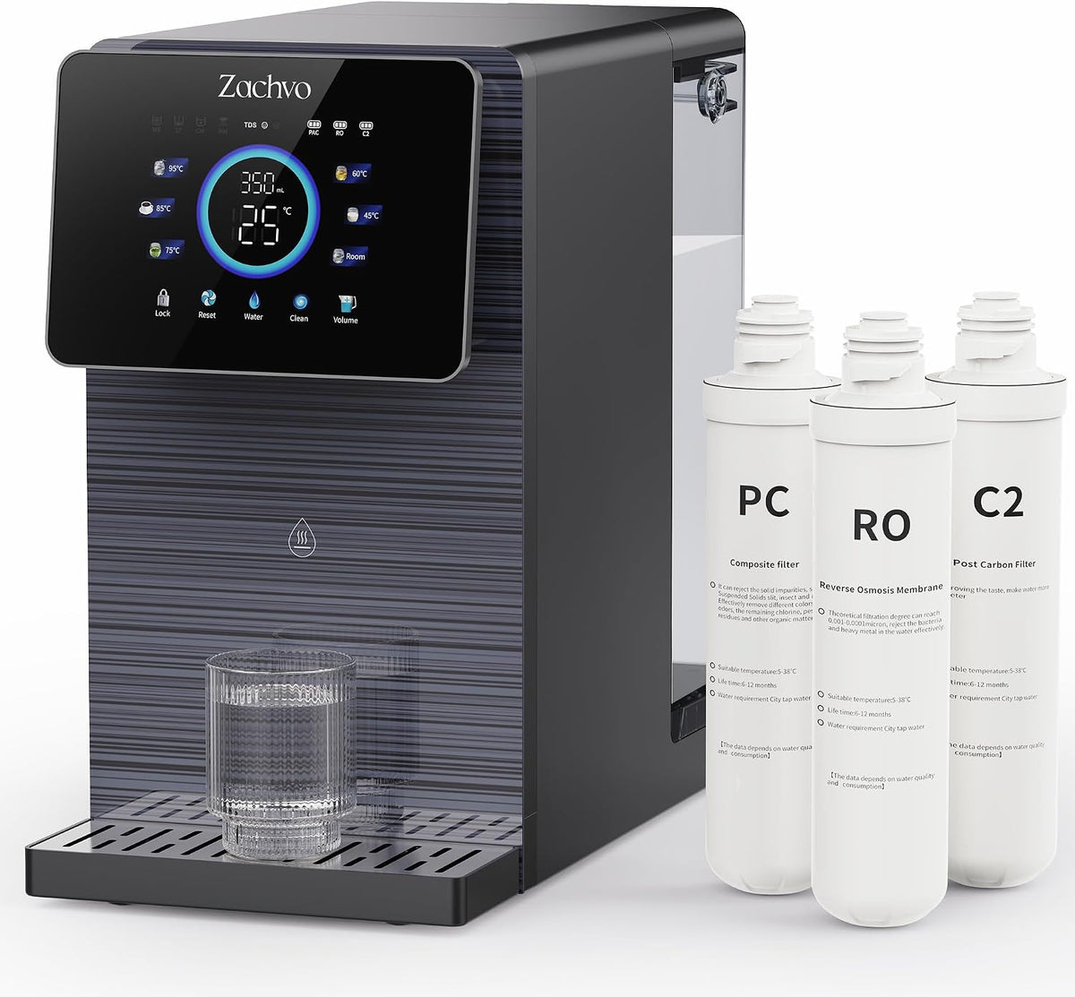 ZACHVO Heißwasserspender, Schwarz, Puri V12 Auftisch Osmoseanlage mit, 3 Filter 6-Wege-Filterung, 6 Temperaturstufen