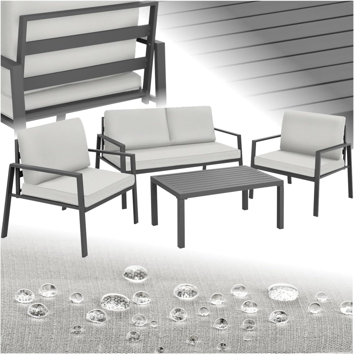 Sofa tectake, Aluminium, pulverbeschichteter Stahl, 100 % Polyester, Polyurethan, Polypropylen, Hellgrau/Dunkelgrau
