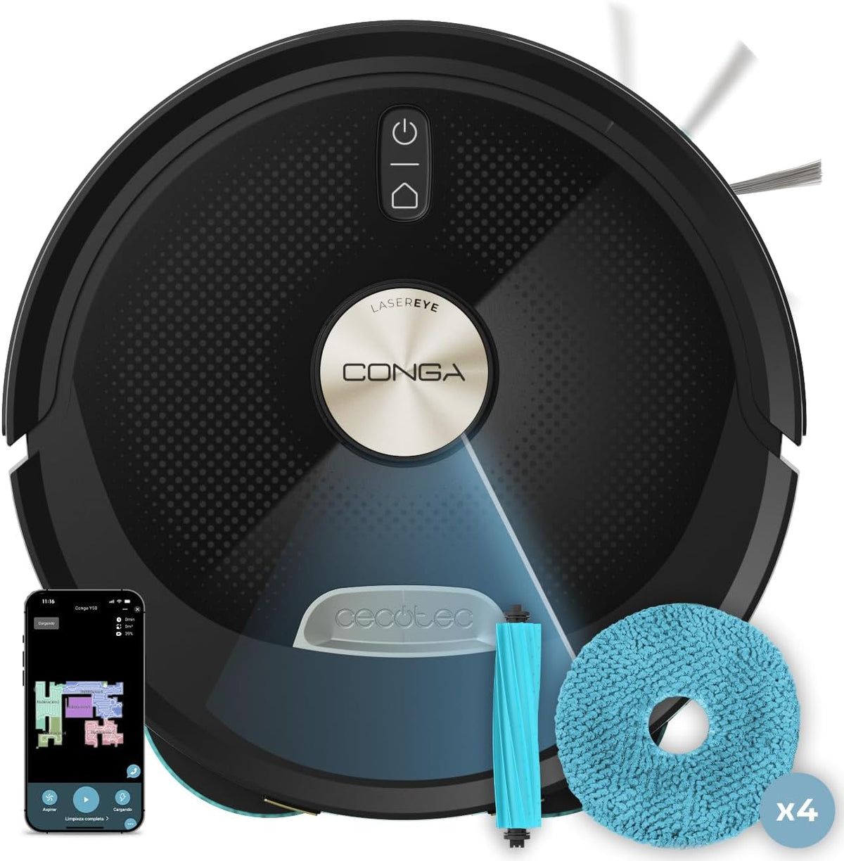 Cecotec Saugroboter, 220m, Schwarz/Blau, und Wischroboter mit KI und App Conga M100 X-Treme. 20000Pa, Künstliche Intelligenz