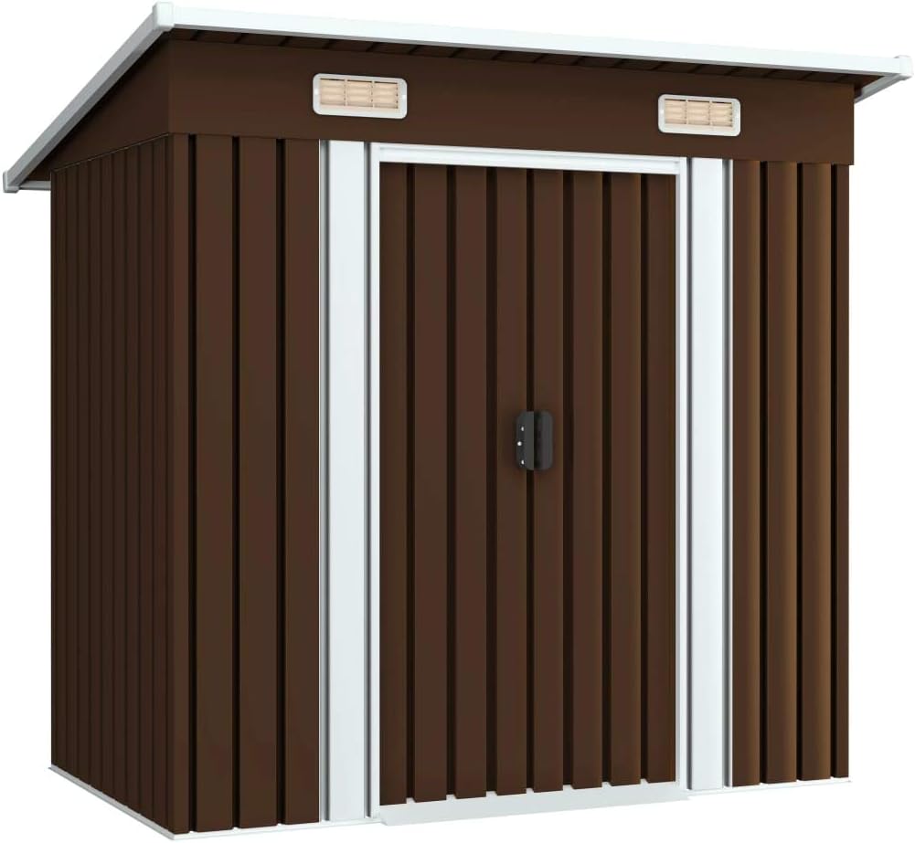 Gerätehaus TEWTX7, 194×121×181 cm, verzinkter Stahl, Braun/Weiß, Metall mit Pultdach, Schiebetür & Fundament, Braun