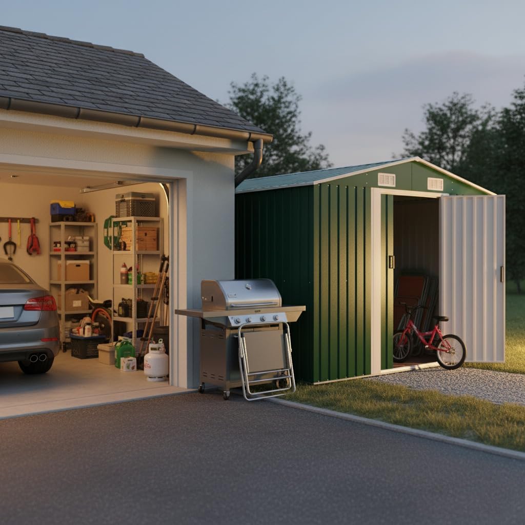 Gerätehaus Woonisher, 257x580x181 cm, Verzinkter Stahl, Grün, Metall, Geräteschuppen Die Hütte Mit Doppel-Schiebetüren