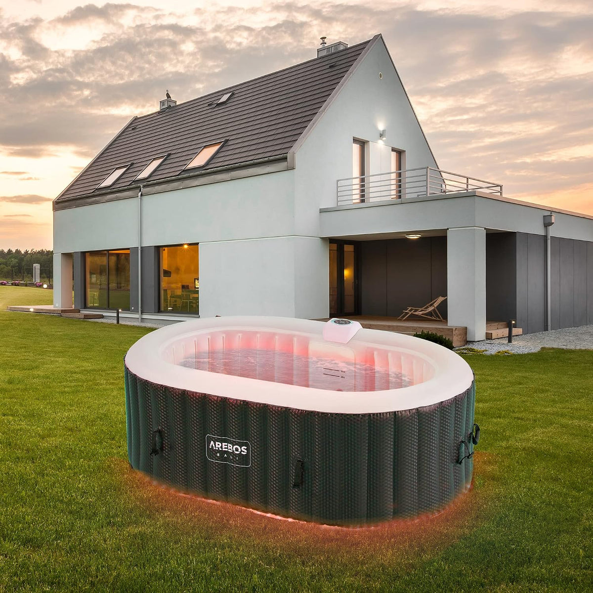 Arebos Aufblasbare Pools, 190x120 cm, 550 Liter, Schwarz/Weiß, Whirlpool mit LED Beleuchtung, In- & Outdoor, oval