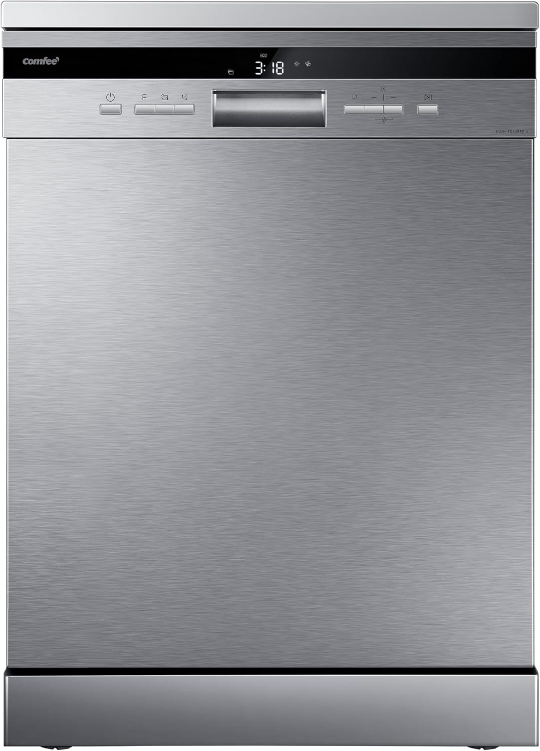 Comfee Geschirrspüler, 44 dB, Silber, ' FD1435E-X freistehend für 14 Maßgedecke, Großformat, großes LED-Display