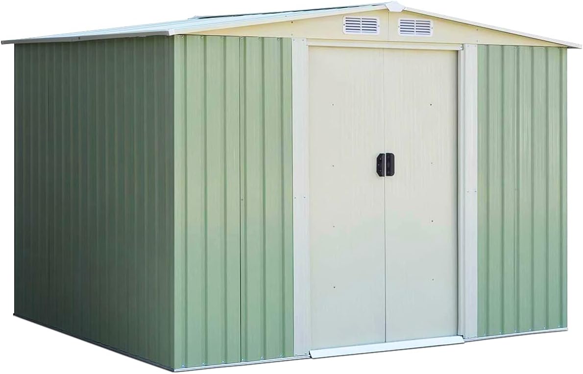 Gerätehaus GOPLUS, 4,75 m, 8,34 m, Grün/Beige, Metall, Garten Schuppen mit Fenster, Geräteschrank, verzinkter wetterfester Geräteschuppen