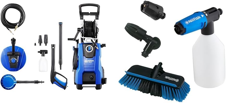 Nilfisk Hochdruckreiniger, 145 bar, 230 V, Blau/Schwarz/Weiß, E 145.4-9 X-TRA PAD, 2100-W-Induktionsmotor