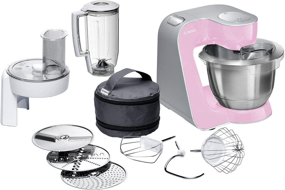 Bosch Universalküchenmaschinen, 1,25 L, 1000 W, 3,9 L, Rosa/Silber, Küchenmaschine Serie 4 MUM58K20, Edelstahl-Schüssel