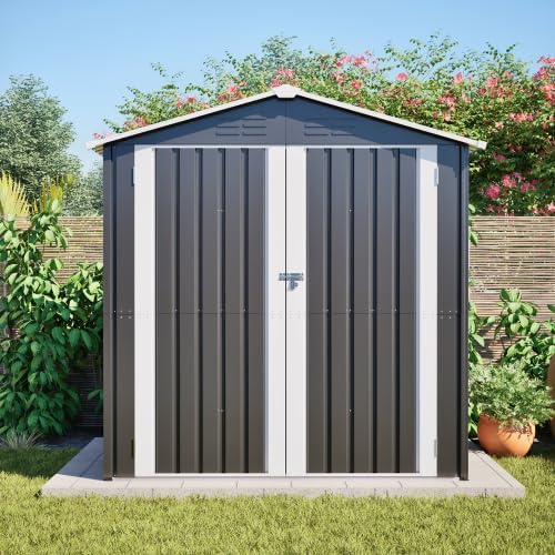 Gerätehaus vutizal, 142x185 cm, Grau/Weiß, Gartenhaus Metall Geräteschuppen mit Fundament & Belüftung, abschließbare Fahrradgarage/Motorradgarage