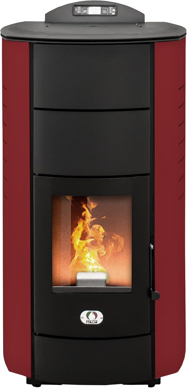 STUFE A PELLET ITALIA Öfen, 22 KW, 140m, Rot/Schwarz, Manhattan, Hydro- für Heizung und Warmwasser 89% Effizienz Heizt ²