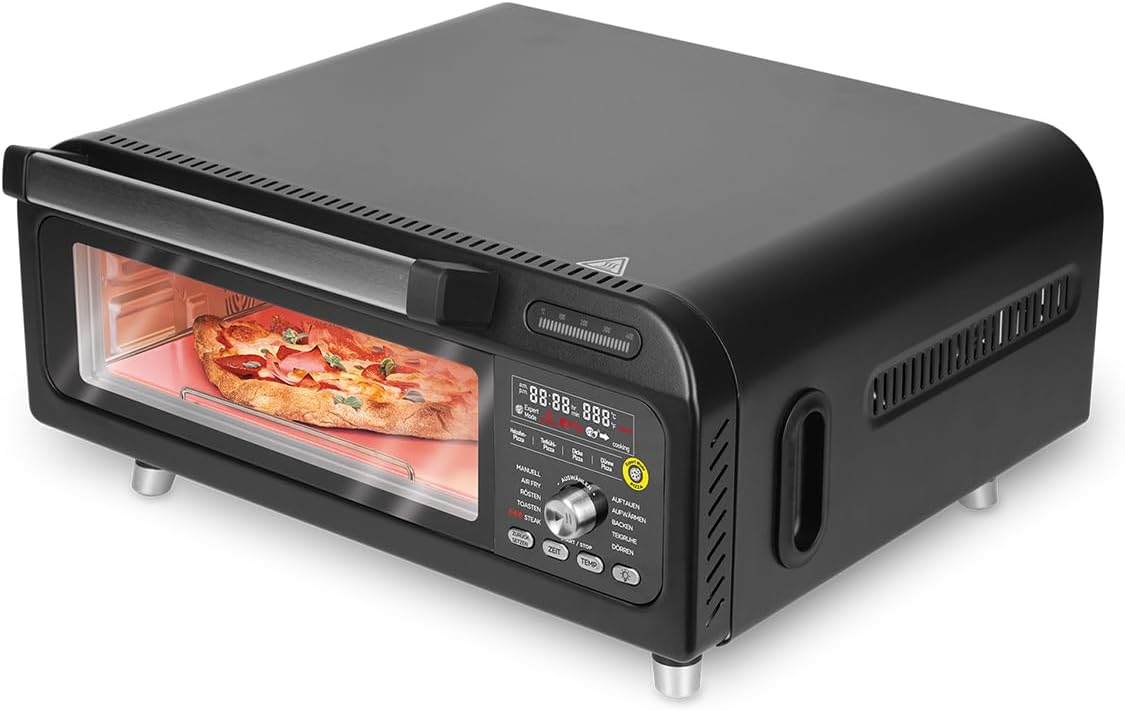 Genius Pizzaofen, Schwarz, Chef elektrischer 10 in 1 8 tlg, 400°C, 2000 Watt, integrierter Airfryer, Steakgrill
