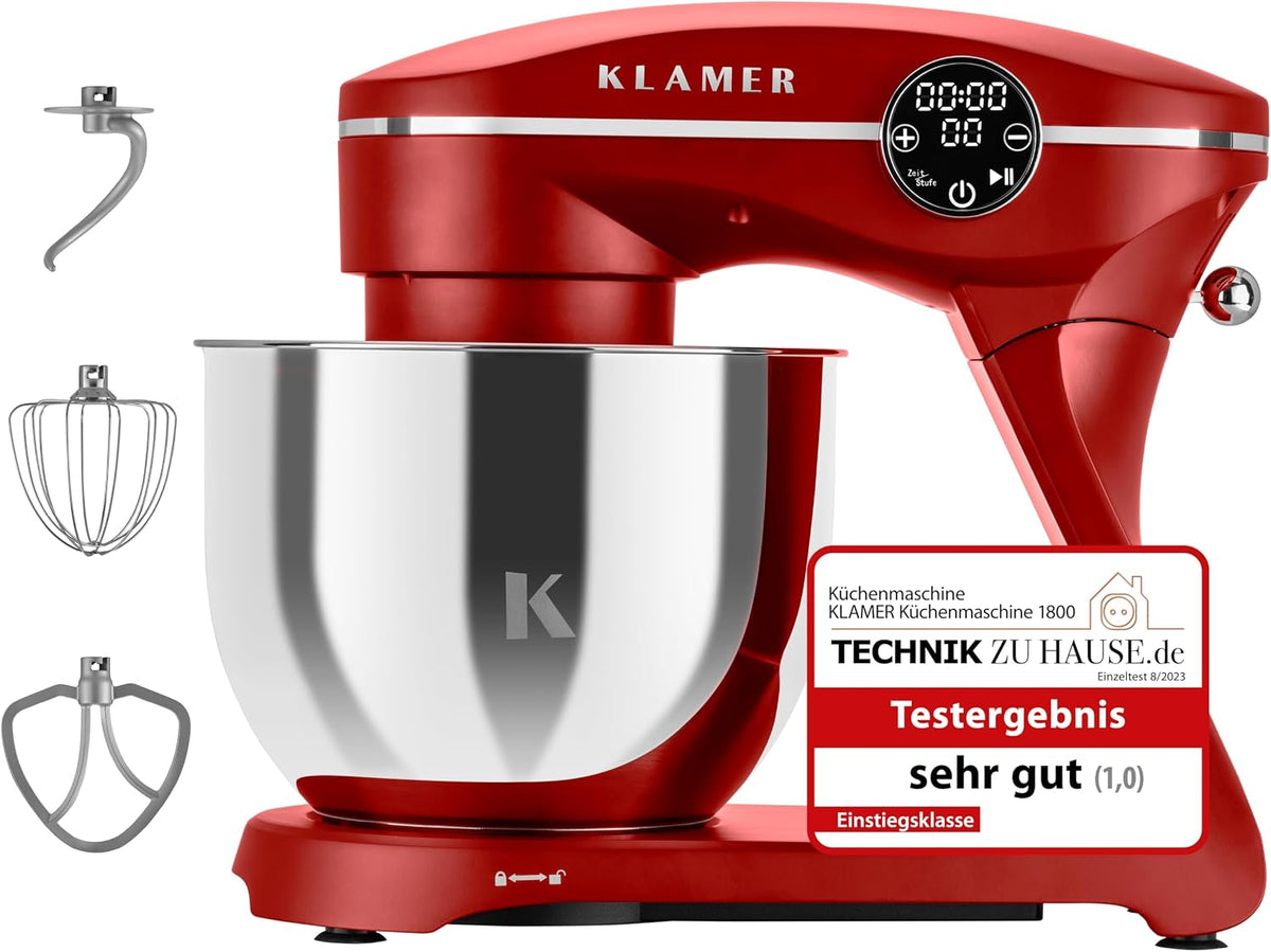 KLAMER Universalküchenmaschinen, 1800 W, 6 L, Rot/Silber, Knetmaschine Brotteig mit Edelstahl-Rührschüssel, 10 Stufen mit Timer